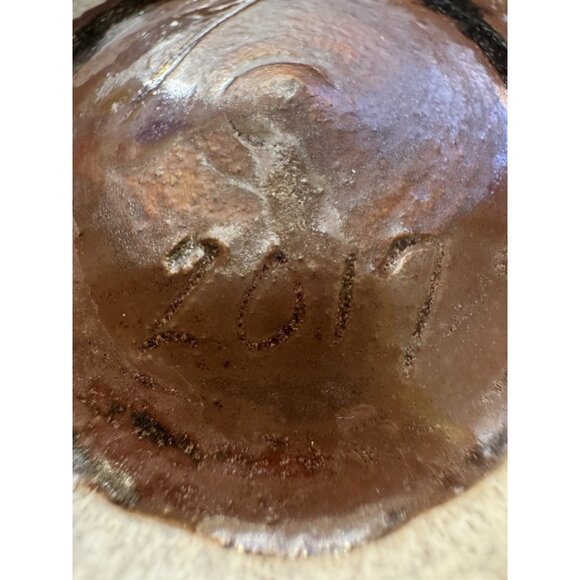 Lined Ceramic Stamped Chawan Bowl W/ Four Red Dots Two Sides 2017 Drip Glaze - Picture 5 of 7